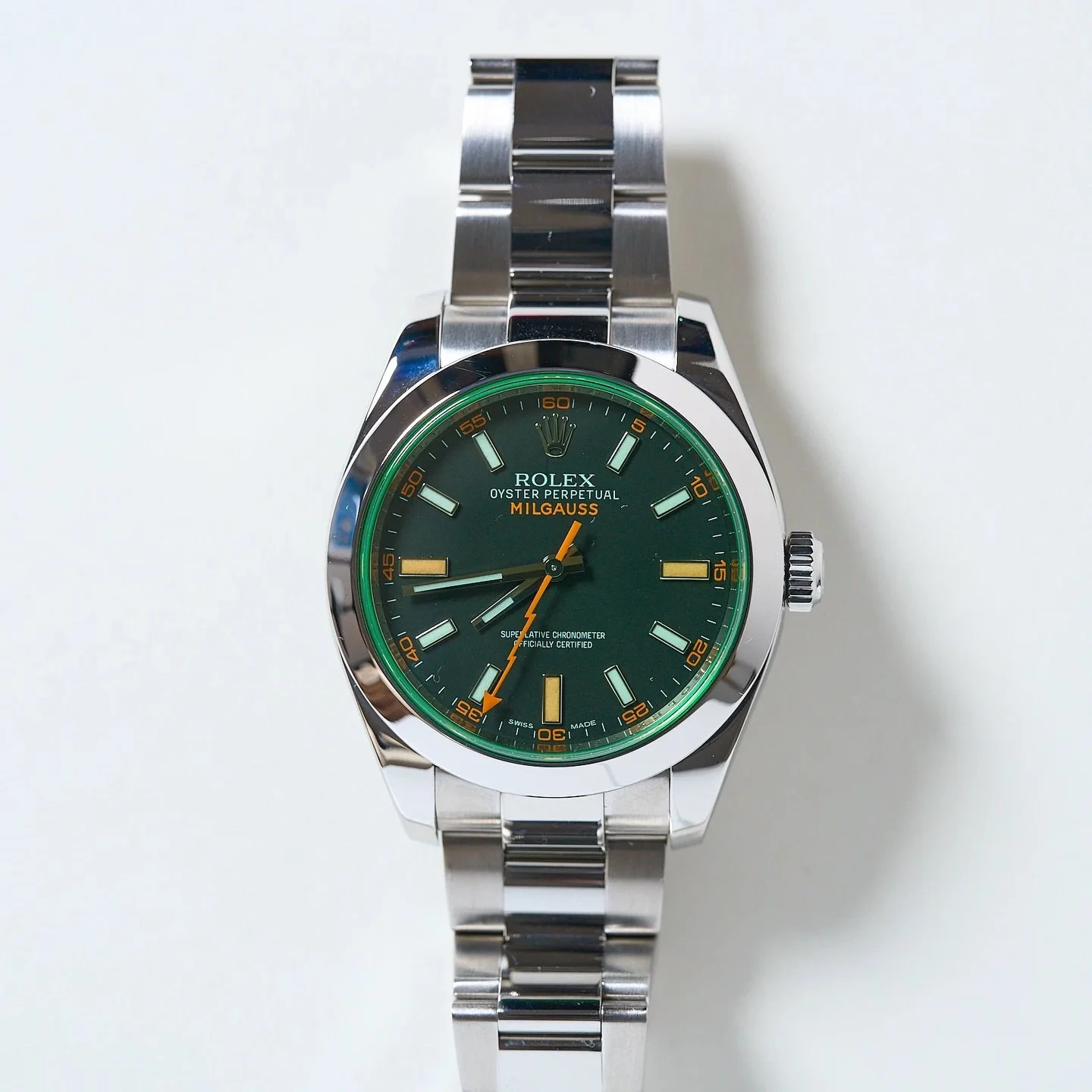 Bold. Innovative. Instantly recognizable.

The Rolex Milgauss Ref. 116400GV stands out with its iconic green sapphire crystal, black dial, and signature orange lightning bolt seconds hand. Originally engineered for professionals working in high magne
