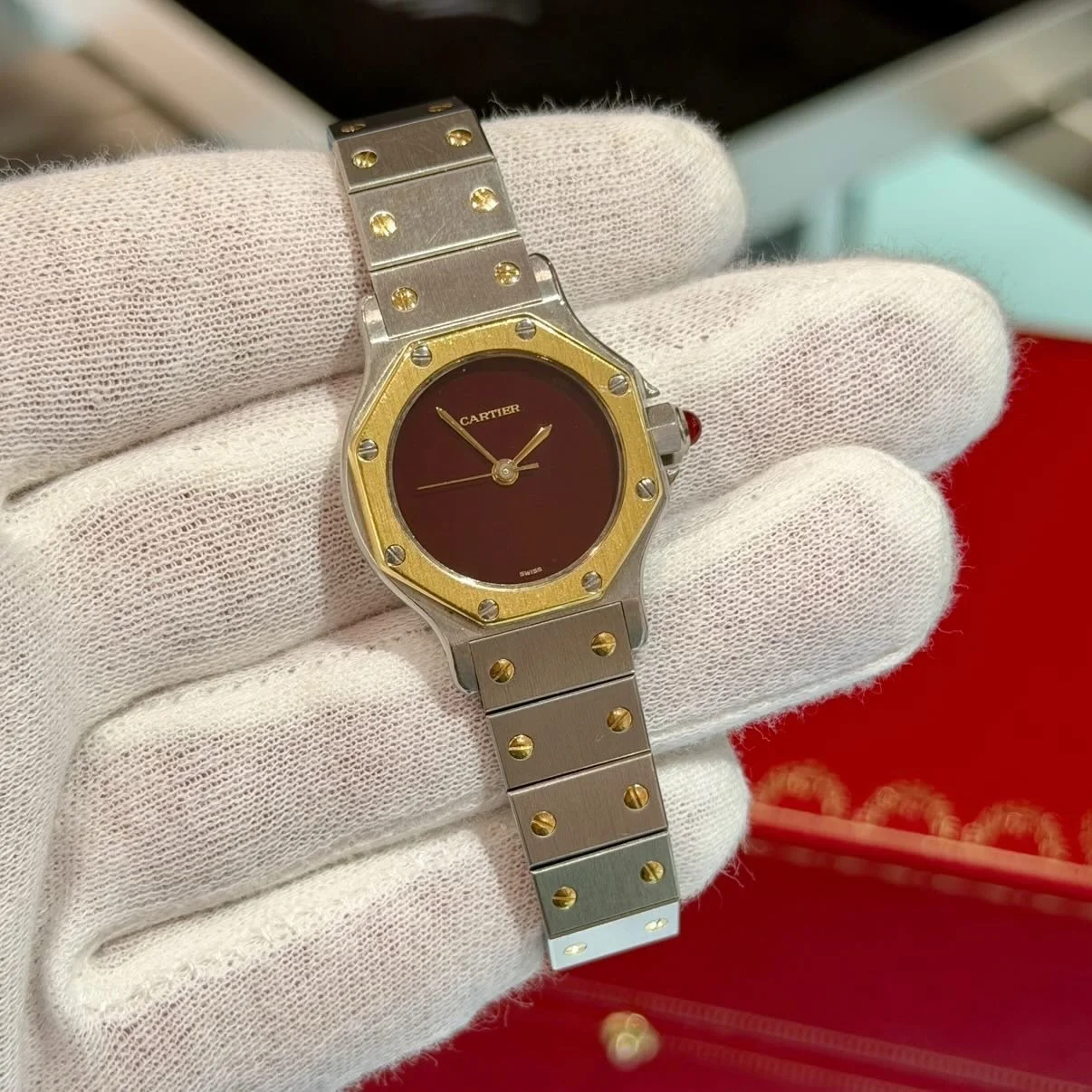 RARE 🦅 Mint Vintage unpolished Cartier Santos Octagon Two Tone with perfect burgundy lacquer dial.

✅ Available
 Visit us at our showroom:
📍 13101 Preston Rd, Dallas, TX 75240
🕒 10am&ndash;6pm
📞 214-741-7129