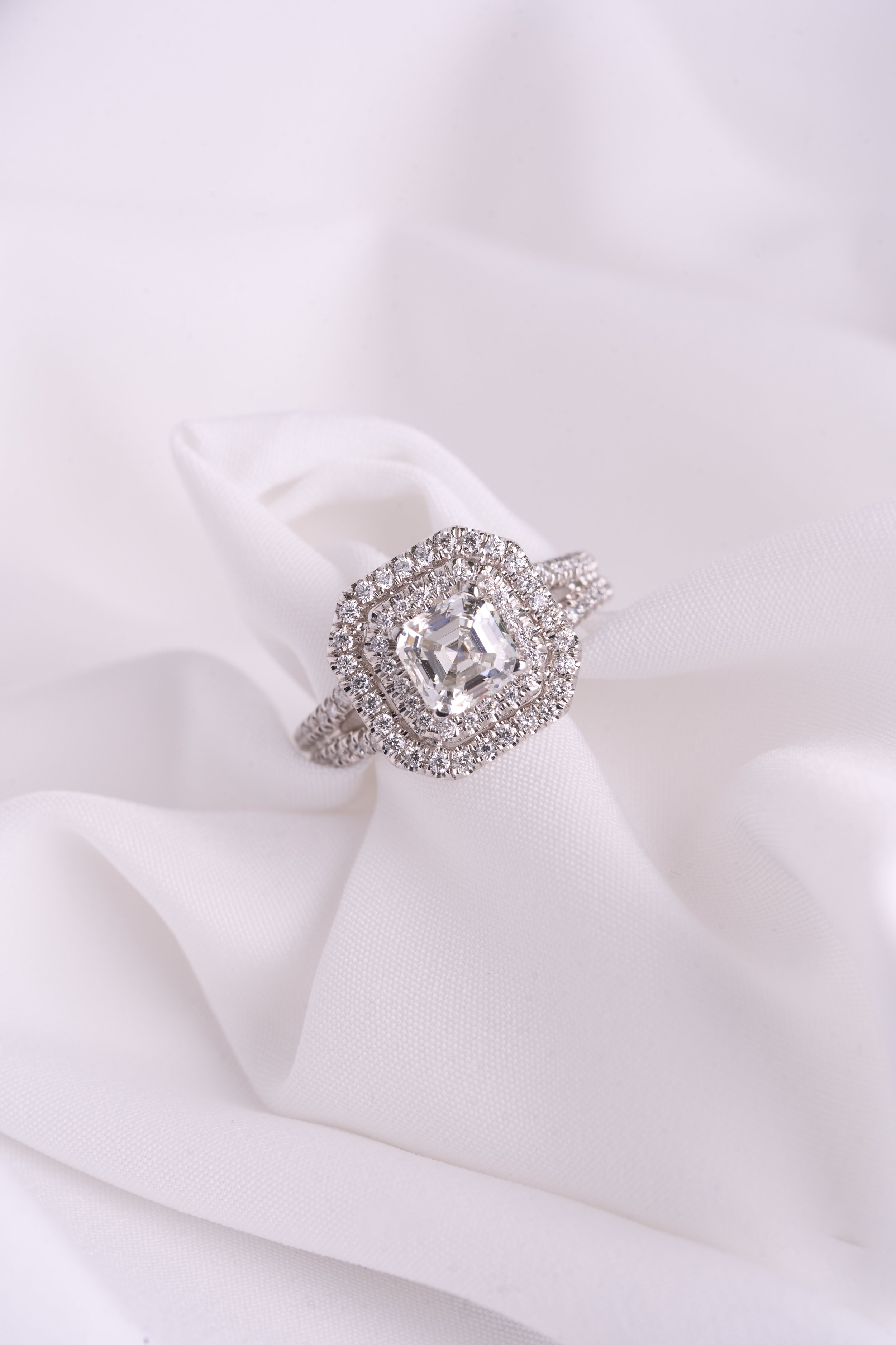 cushion cut diamond ring with double halo 
