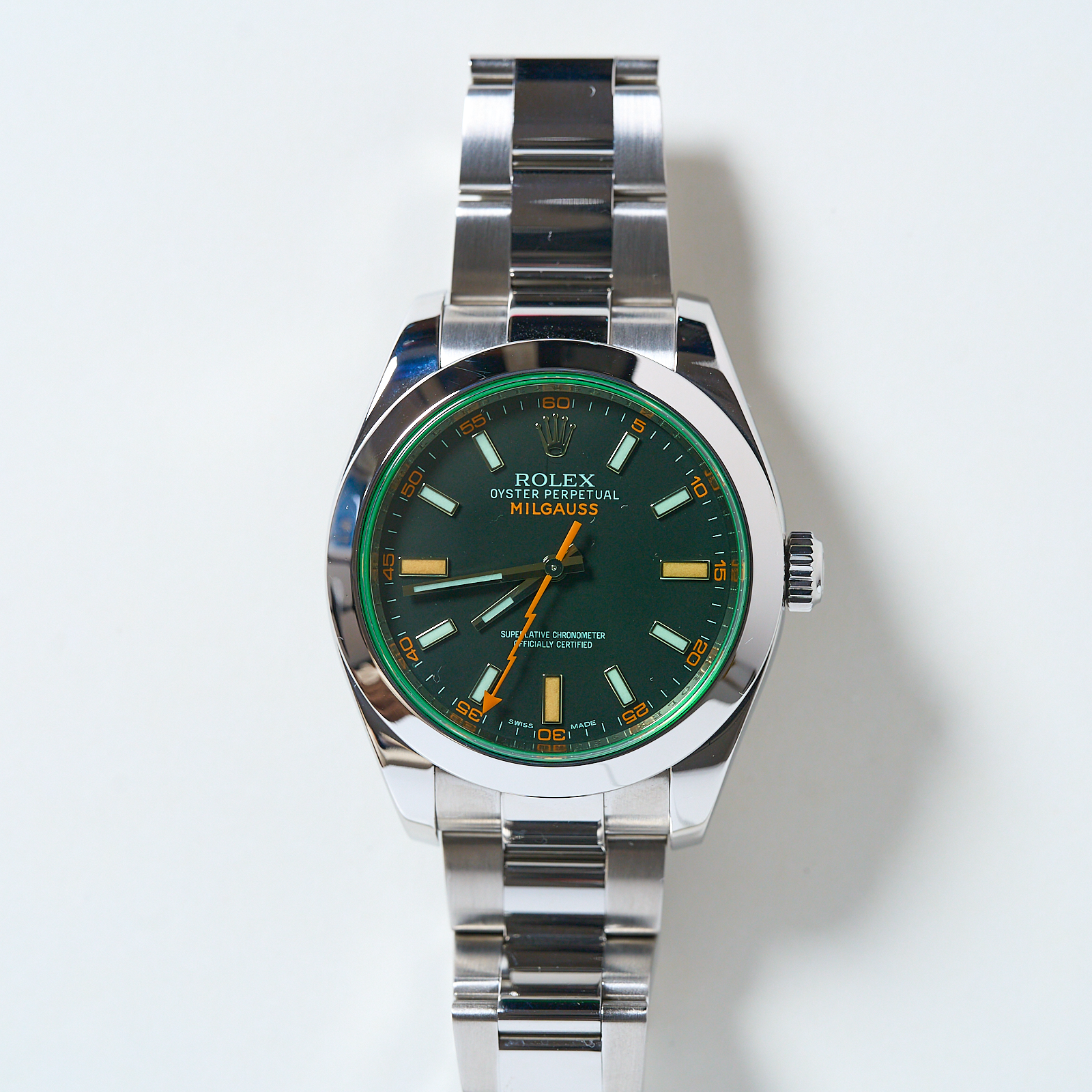 Rolex Milgauss 40mm Green Crystal Black Dial Stainless Steel Oyster Bracelet Men's Watch #116400GV