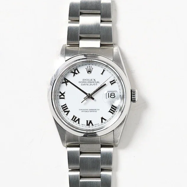 Rolex Datejust 36mm White Roman Dial Smooth Bezel Stainless Steel Oyster Bracelet Watch #16200 | Full Set | Year 2005