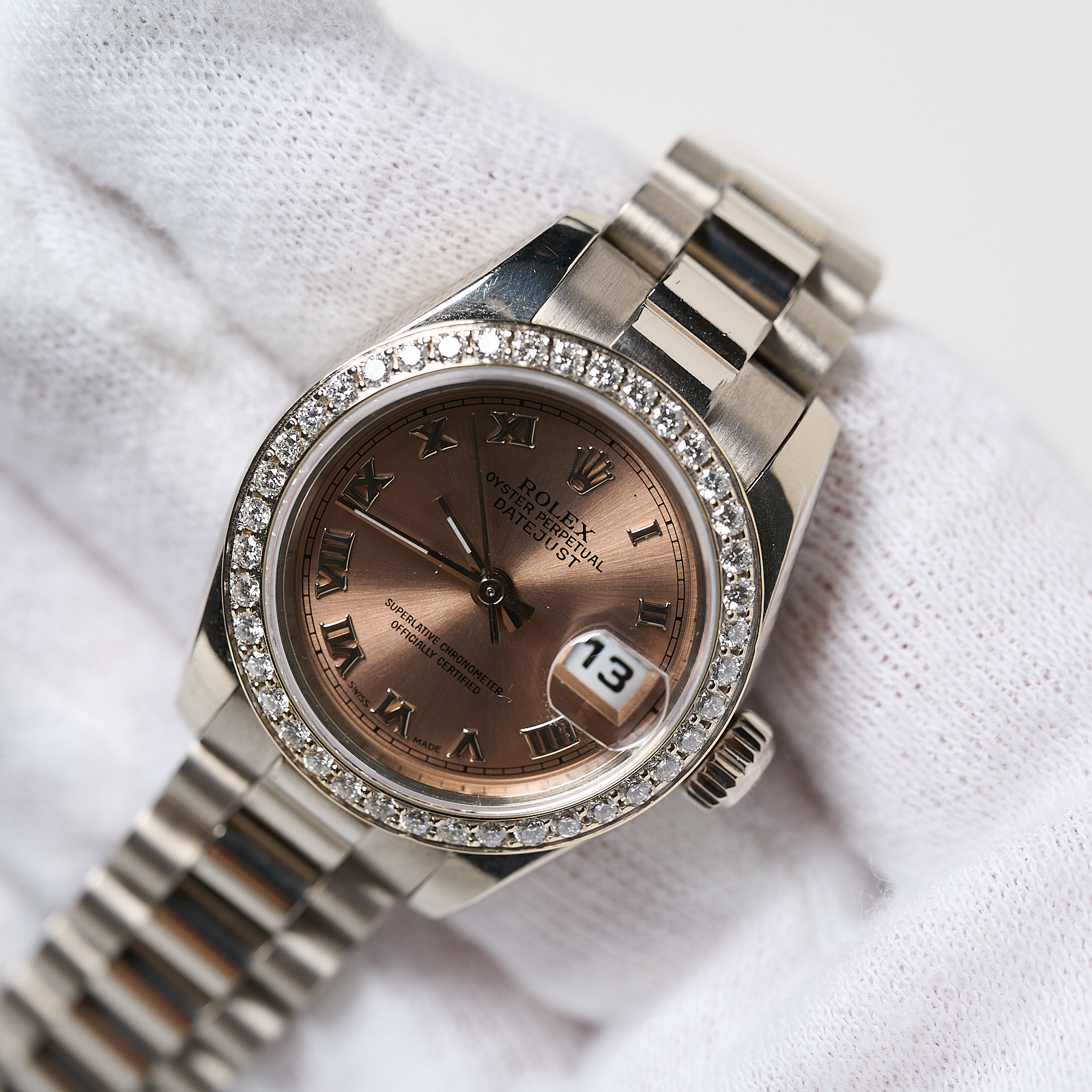 Rolex Datejust 26mm Salmon Dial 18K White Gold President Bracelet Diamond Bezel Ladies Watch #179179 | Year: 2005