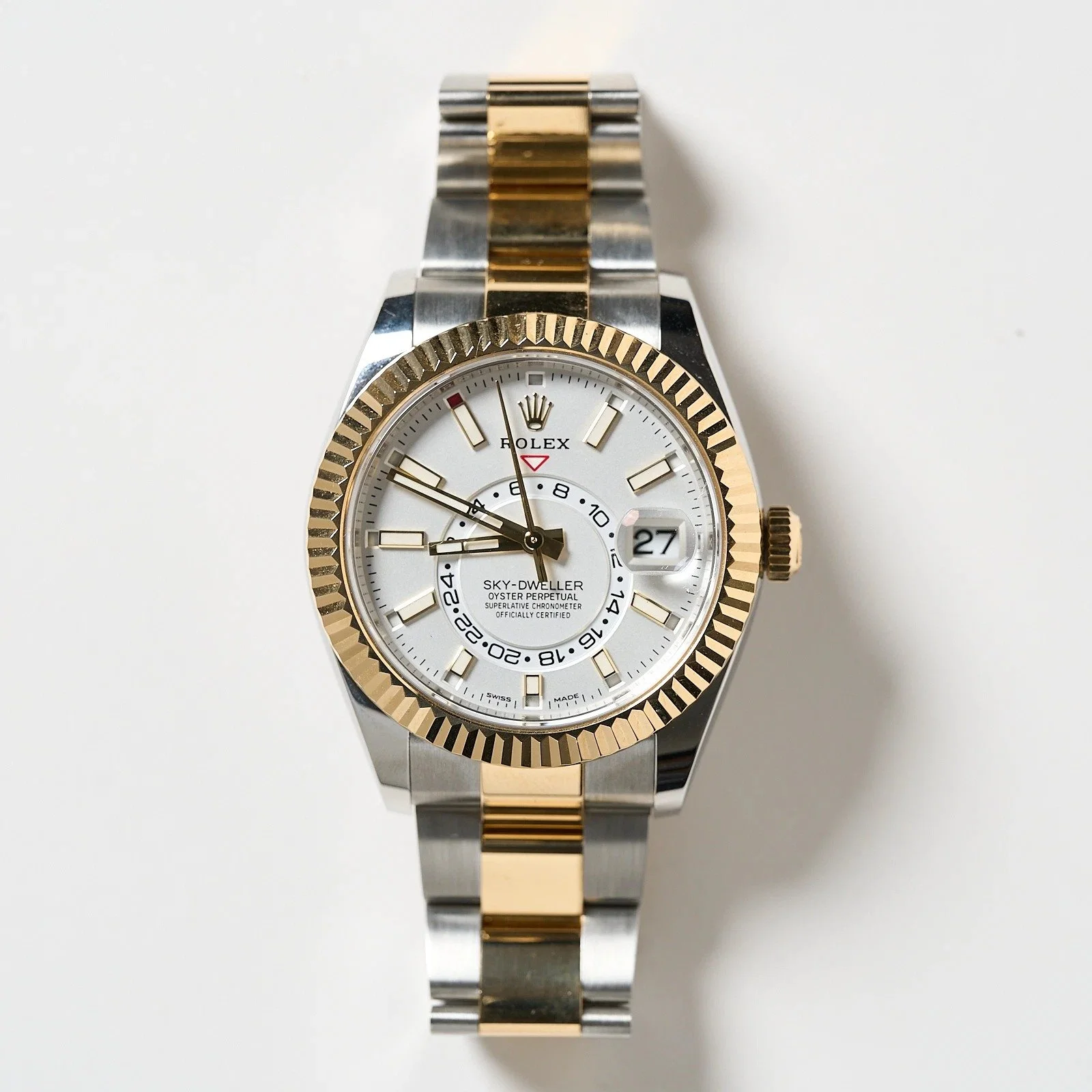 Rolex SkyDweller 42mm White Dial Two-Tone 18K Yellow Gold & Stainless Steel Fluted Bezel Men's Watch #326933 | Full Set