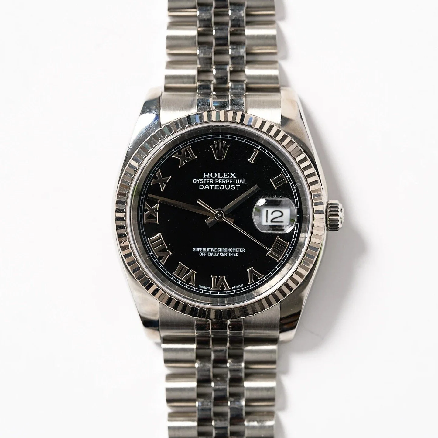 Rolex Datejust 36mm Black Roman Dial 18K White Gold Fluted Bezel Stainless Steel Jubilee Bracelet Watch #116234 | Full Set