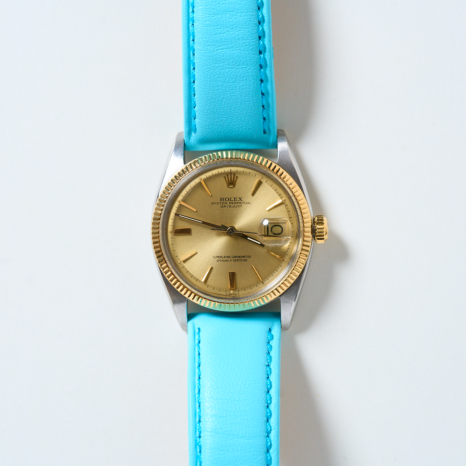 Rolex Datejust 36mm Two-Tone Stainless Steel & 18K Yellow Gold Fluted Bezel Light Blue Leather Aftermarket Strap Vintage Watch #1601