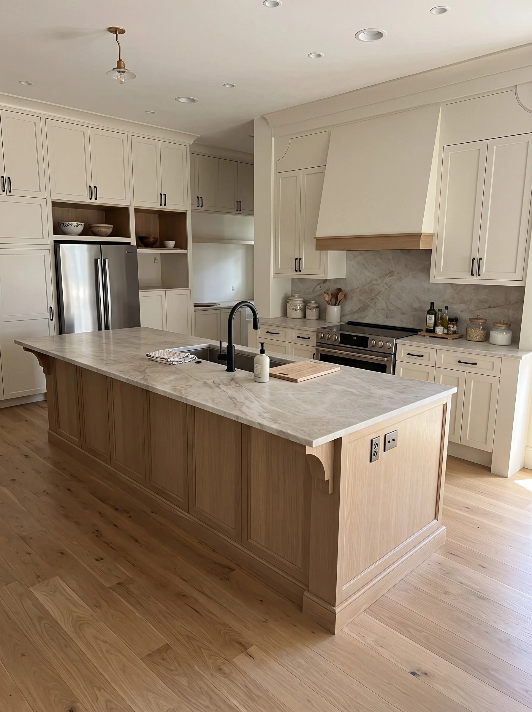 White marble kitchen island with taupe veining and a matching backsplash, protected with Stone Shield clear film in Calgary