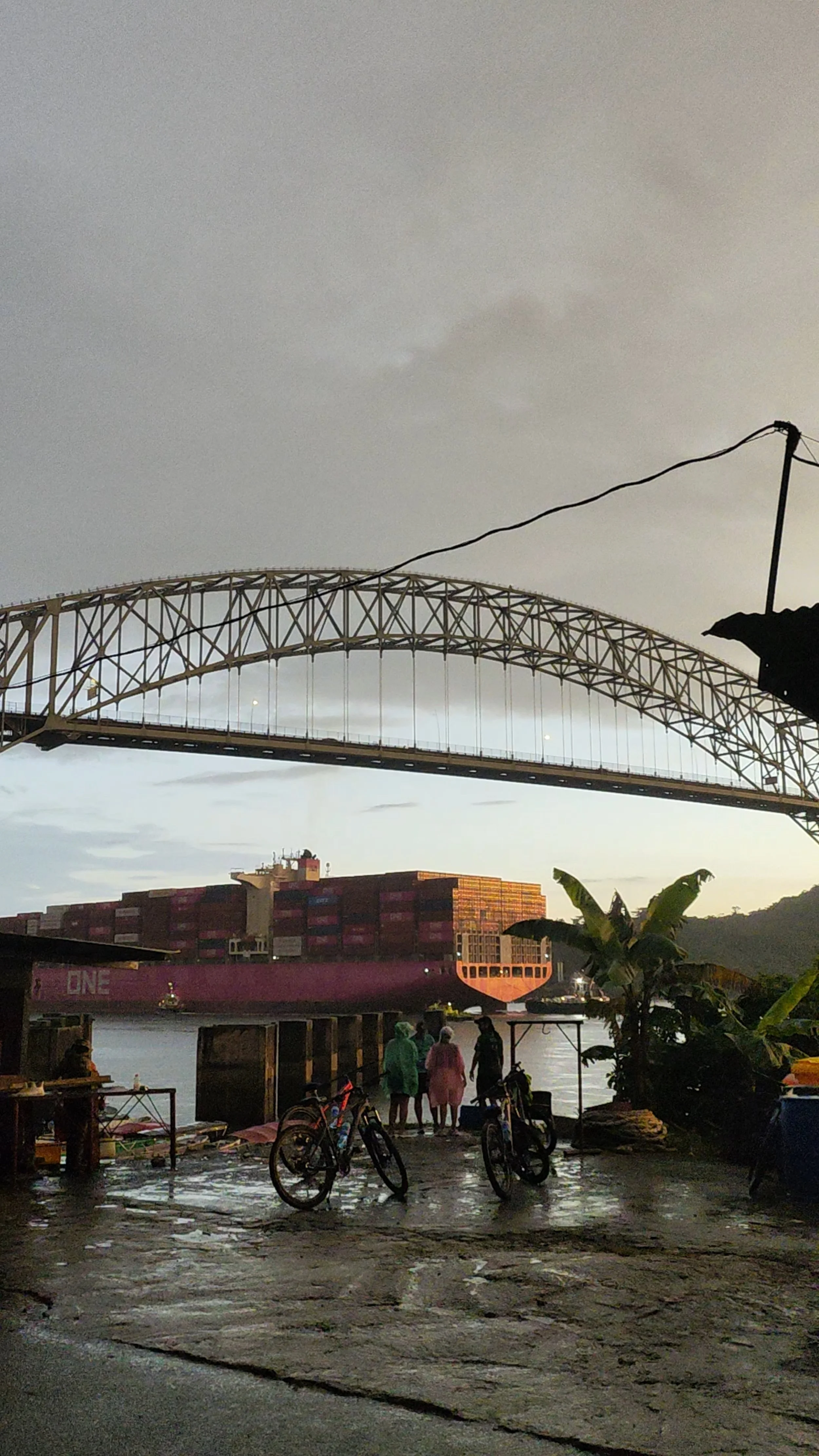 Cyclists overlooking container cranes at the Port of Balboa during the Panama Canal Zone Bike Tour.