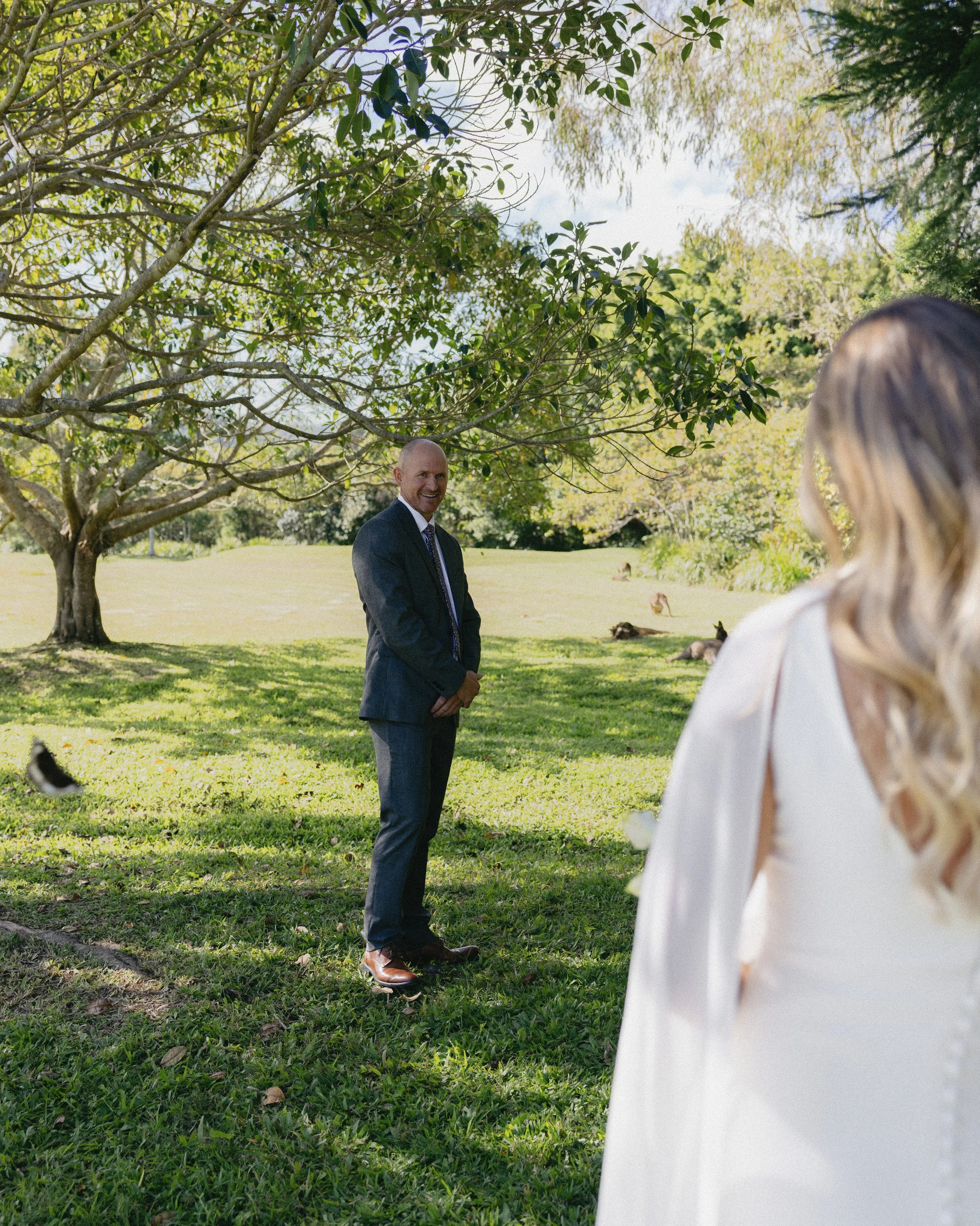 A man in a suit smiling while standing outdoors under a large tree, with a woman in a white dress in the foreground, and dogs resting on the grass in the background.