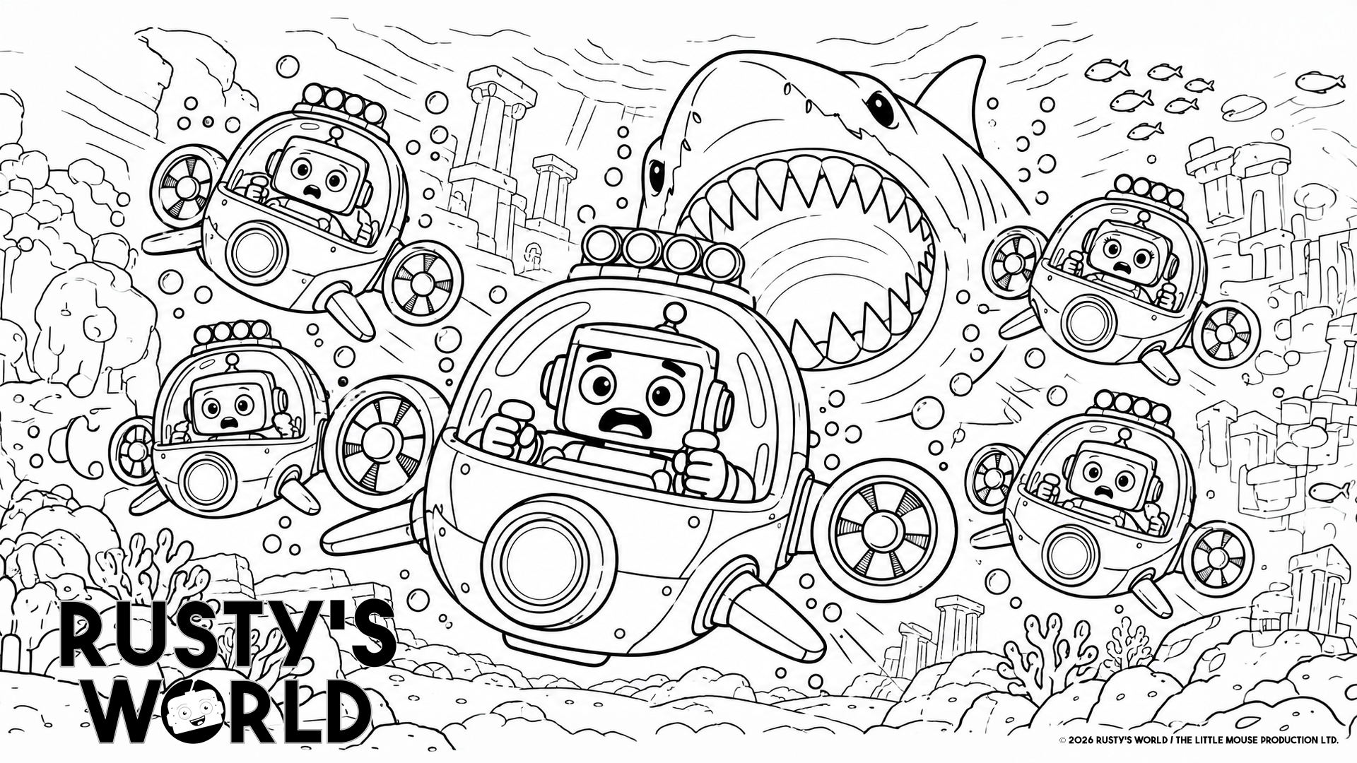 Rusty’s World In My Submarine colouring page with Rusty and friends exploring underwater with a shark.