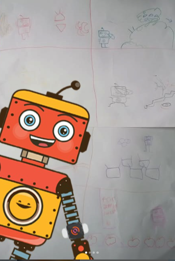 Colorful cartoon robot drawing on paper, with small sketches of robots and other figures in light pencil behind it.