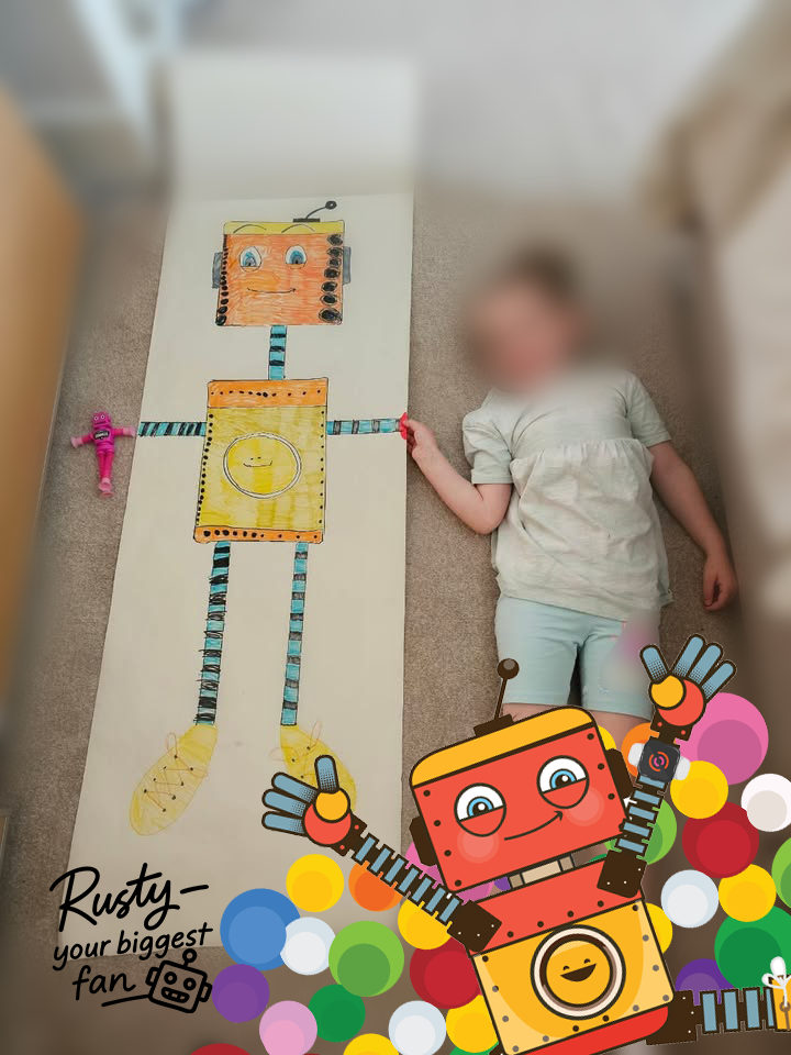 A young girl lying on beige carpet next to a large colorful robot drawing on a long sheet of paper. The robot has a square orange head with blue eyes, a yellow face, and a yellow body with a circular mouth. The robot's limbs are striped blue and black, and it is wearing yellow shoes. A pink toy is placed near the girl's head. The image has an overlay illustration of a smiling robot with raised hands and multicolored balls, with the text 'Rusty – your biggest fan' in the bottom left corner.