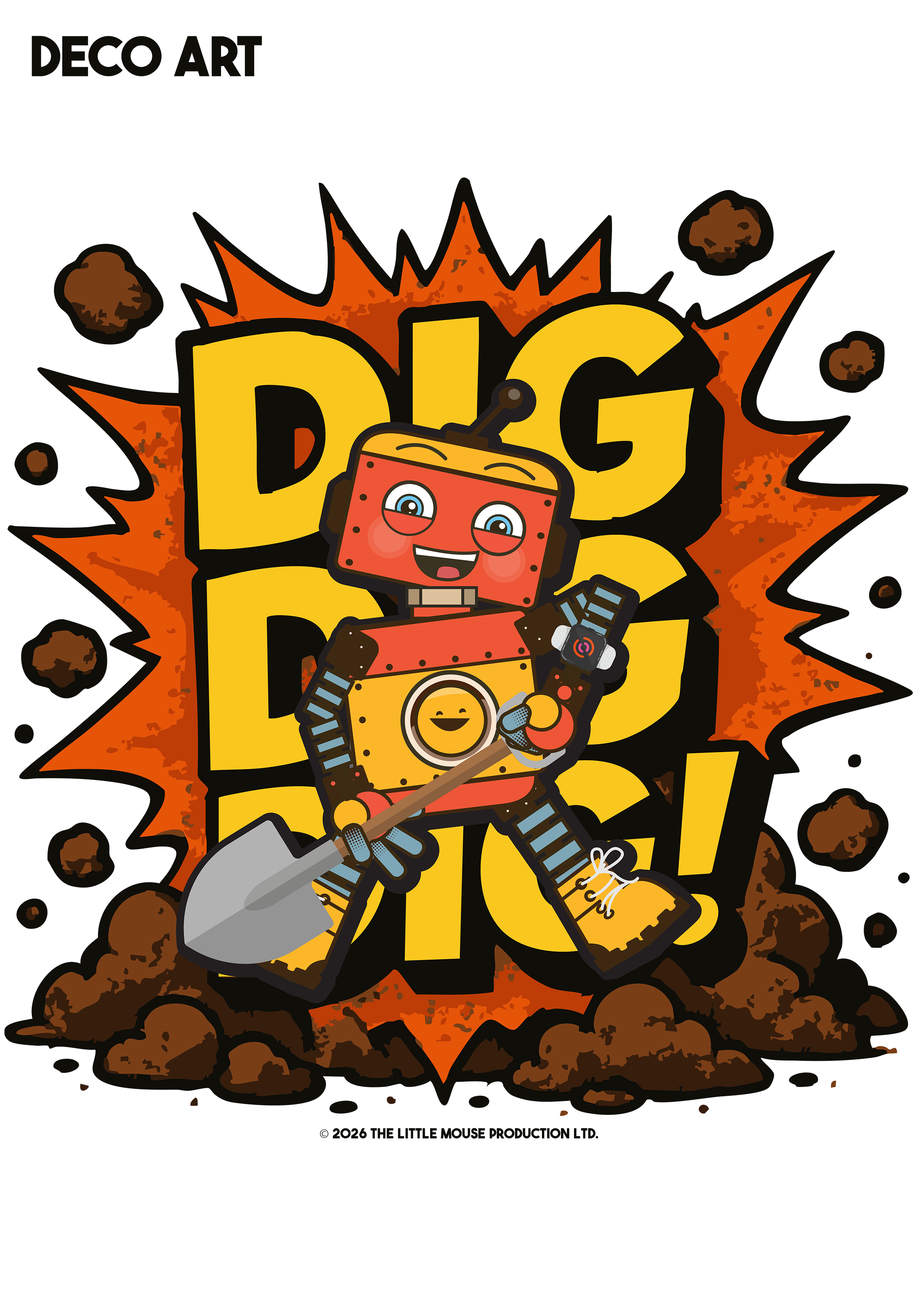 A cartoon robot with a smiling face, holding a microphone, a mobile phone, and a shovel, standing amidst rocks and dirt, with a background that says 'DIG DUG!' in bold yellow letters.