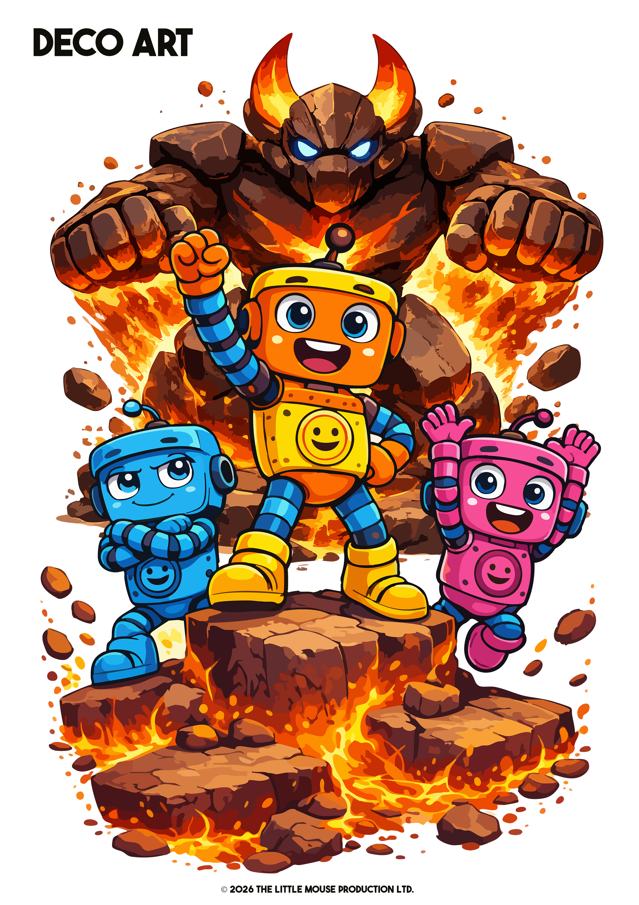 Colorful cartoon illustration of three cheerful robots standing on a rocky, volcanic terrain with lava, in front of a large, imposing creature with glowing blue eyes and flaming horns.