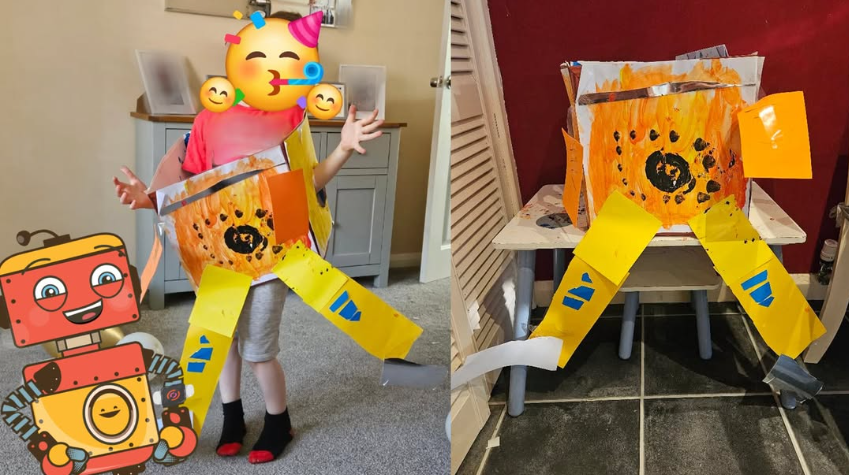 A homemade lion made from paper and craft materials, with a child's photo on the left side and a similar lion craft on a table on the right side.