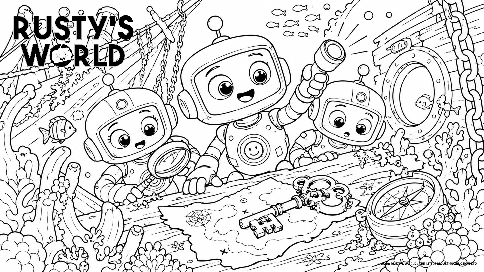 Rusty’s World underwater treasure hunt colouring page featuring Rusty and friends following a treasure map to a sunken ship.