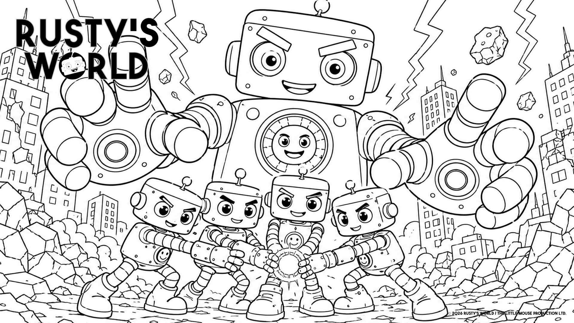 Rusty’s World Giant Dusty colouring page featuring Rusty and friends joining forces against the giant robot Dusty.