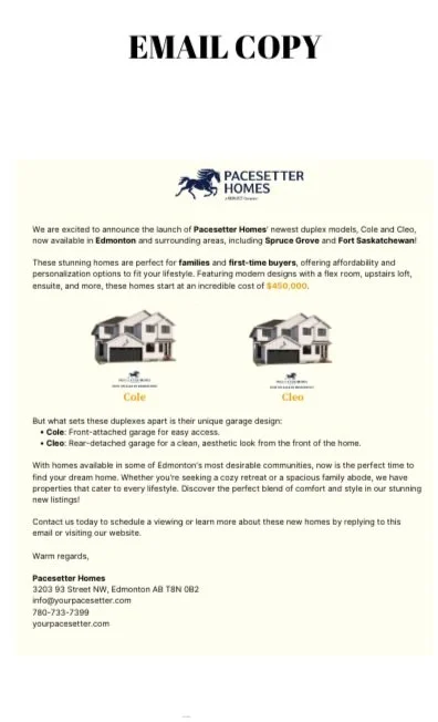 Email copy announcing the launch of Pacesetter Homes with images of two duplex homes, one named Cole and the other Cleo, and contact information.