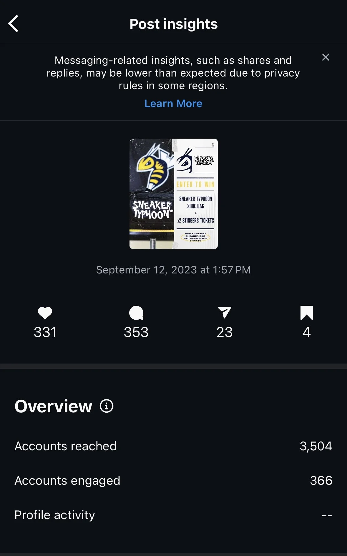 Screenshot of a social media post showing a promotional flyer for the 'Sneaker Typhoon' event, including a sneaker illustration, event details, and a contest to win a sneaker bag and tickets. The post is dated September 12, 2023.