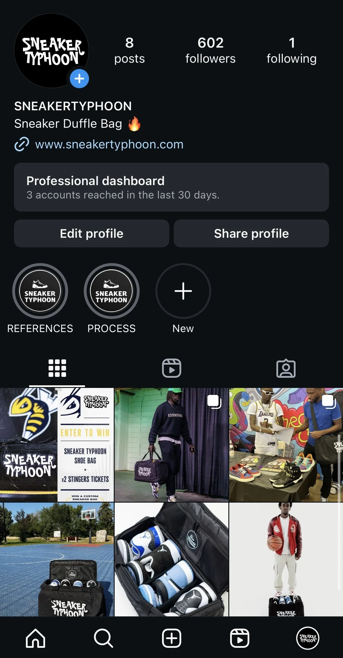 Instagram profile page for SNEAKERTYPOON with profile picture, follower count, and various images of sneaker bags, sneakers, and a basketball court with sneaker gear.