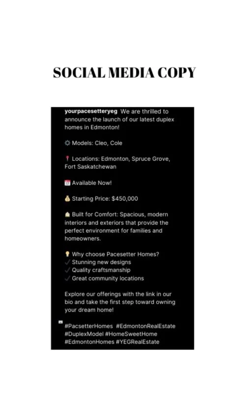 Social media post announcing the launch of new duplex model homes in Edmonton by Pacesetter Homes. Includes details about models, locations, price starting at $450,000, features, and reasons to choose Pacesetter Homes, with hashtags for Edmonton real estate.