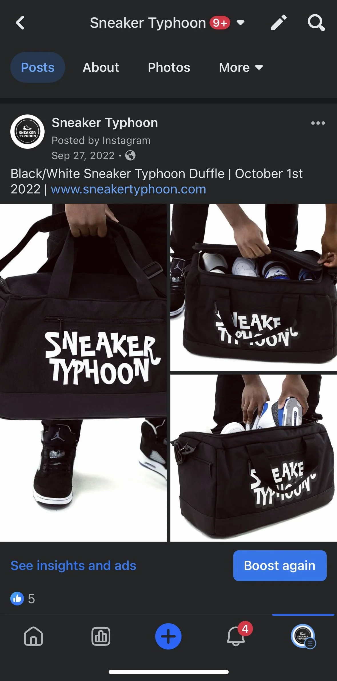 A black and white sneaker typhoon duffle bag with the logo in white, seen in three different angles, with hands placing shoes inside, and some shoes nearby.