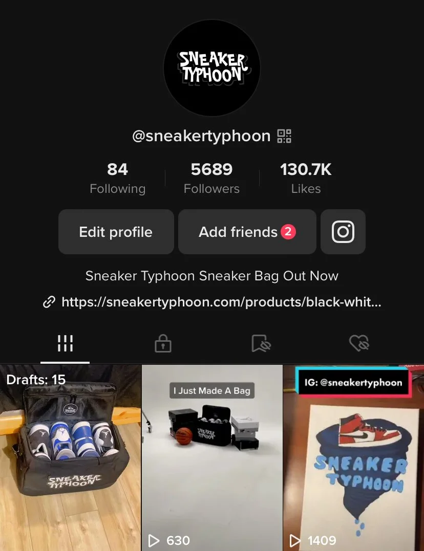 TikTok profile page for sneaker typhoon with 5689 followers, showing sneaker storage and packaging videos.