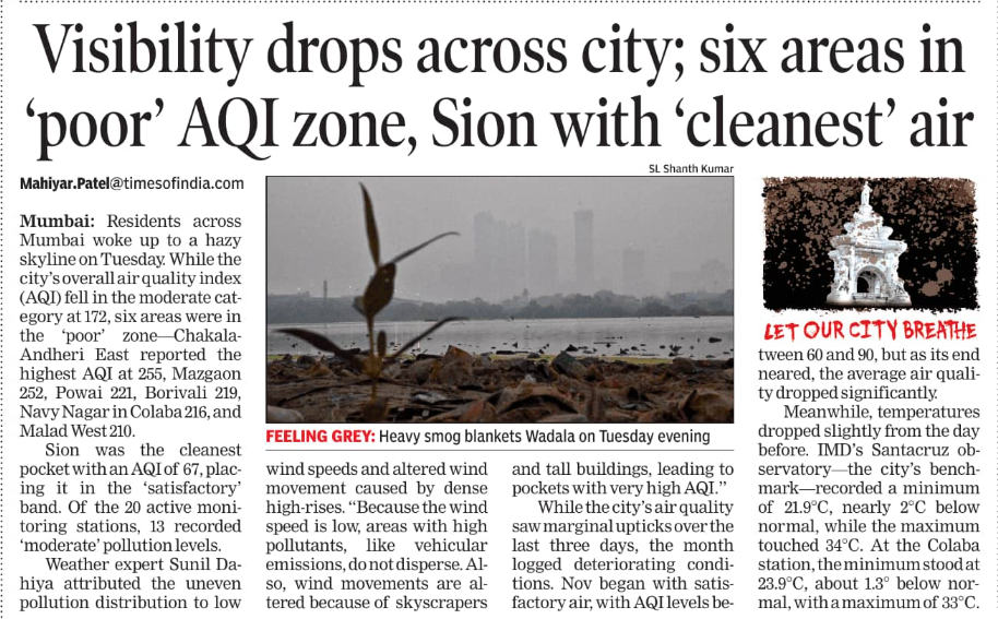 Visibility drops across city; six areas in ‘poor’ AQI zone, Sion with ‘cleanest’ air