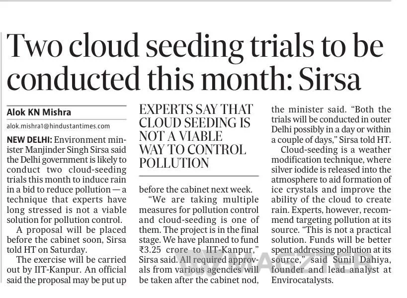 Two cloud seeding trials to be conducted this month in Delhi: Sirsa 