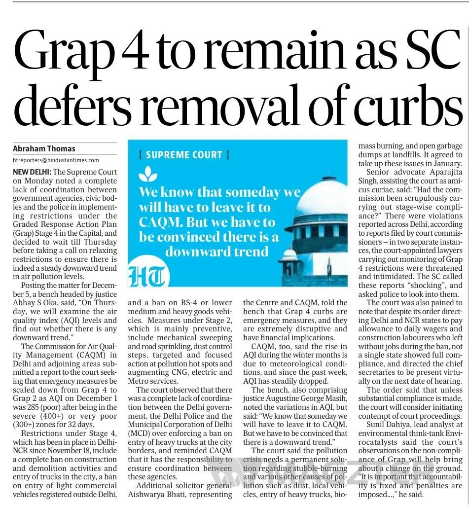 GRAP-4 to remain in Delhi as SC defers withdrawal of curbs