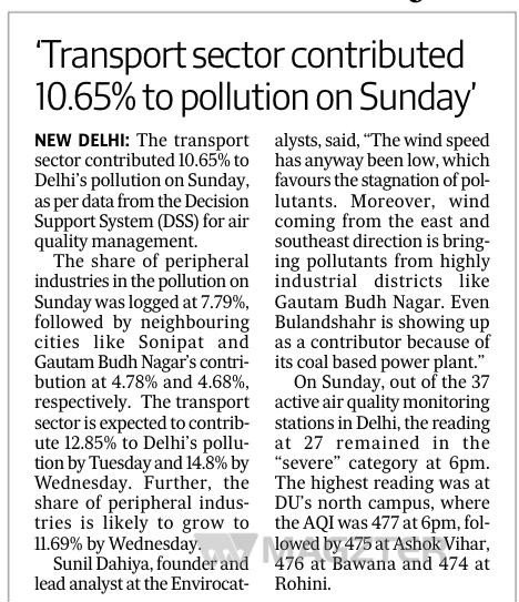 Transport sector contributed 10.65% to pollution on Sunday