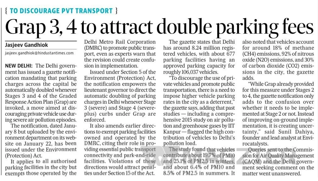 Delhi parking costs to double when Grap stages 3 and 4 kick in, says govt notification