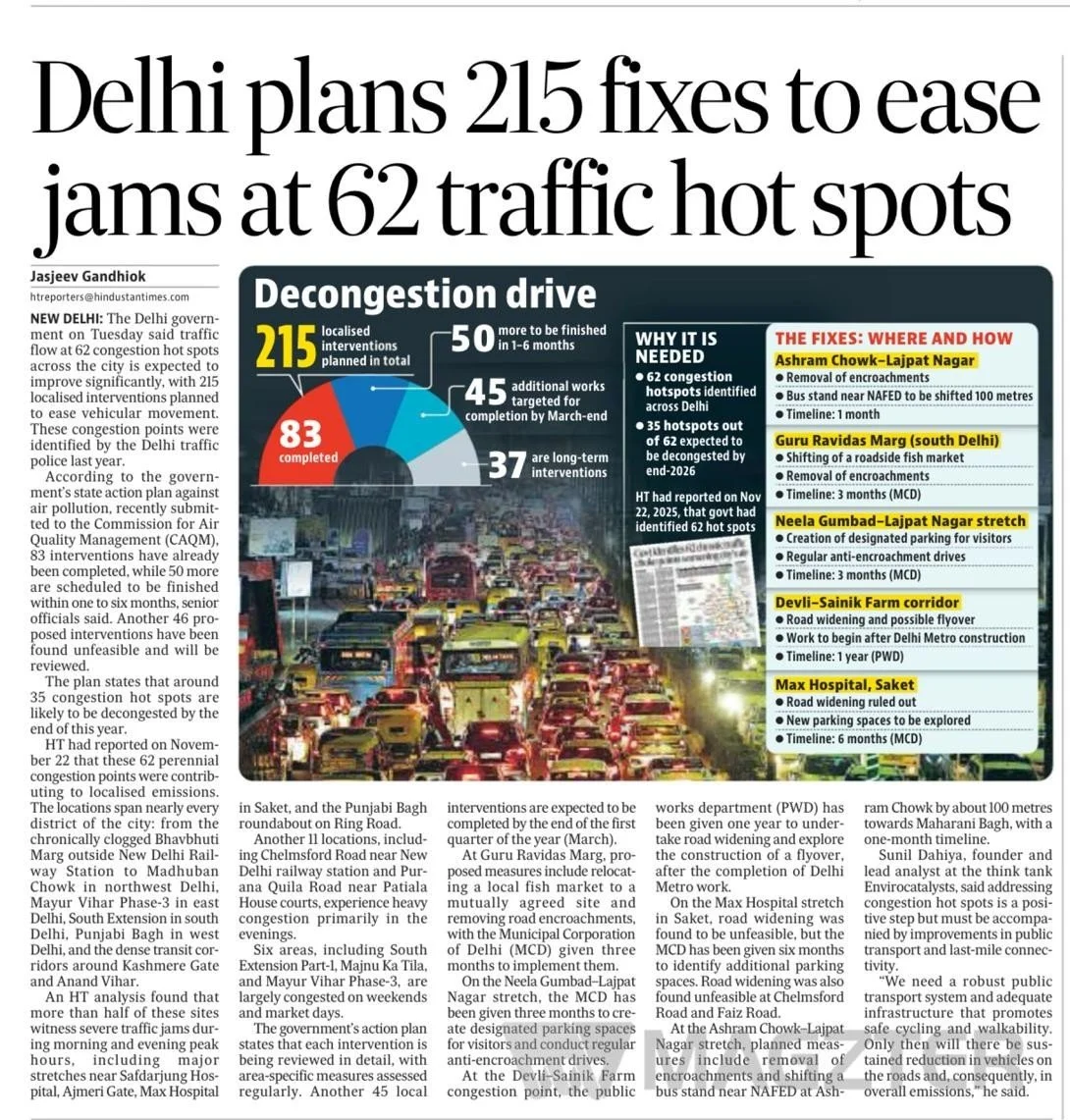Delhi plans 215 fixes to ease jams at 62 traffic hot spots