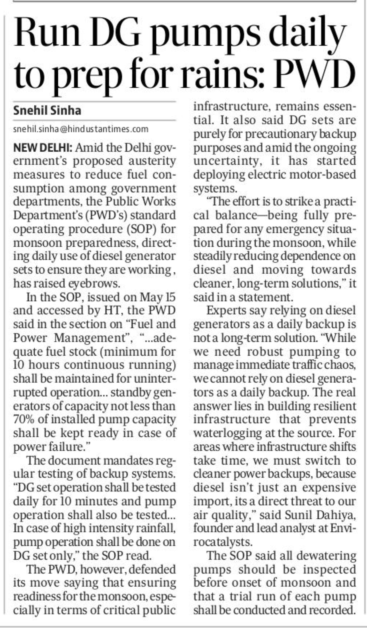 Run DG pumps daily to prep for rains: Delhi PWD