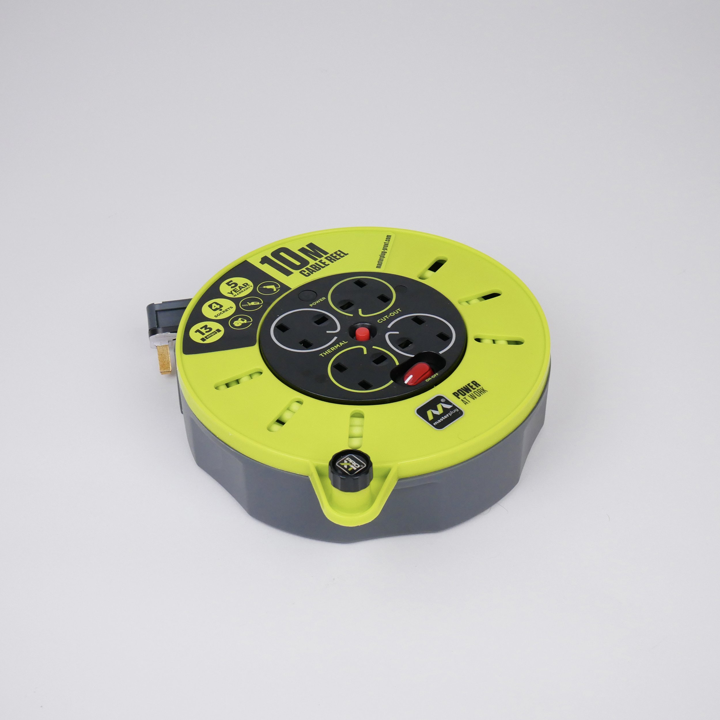 A yellow and gray 10-meter cable reel with multiple outlets and safety features.