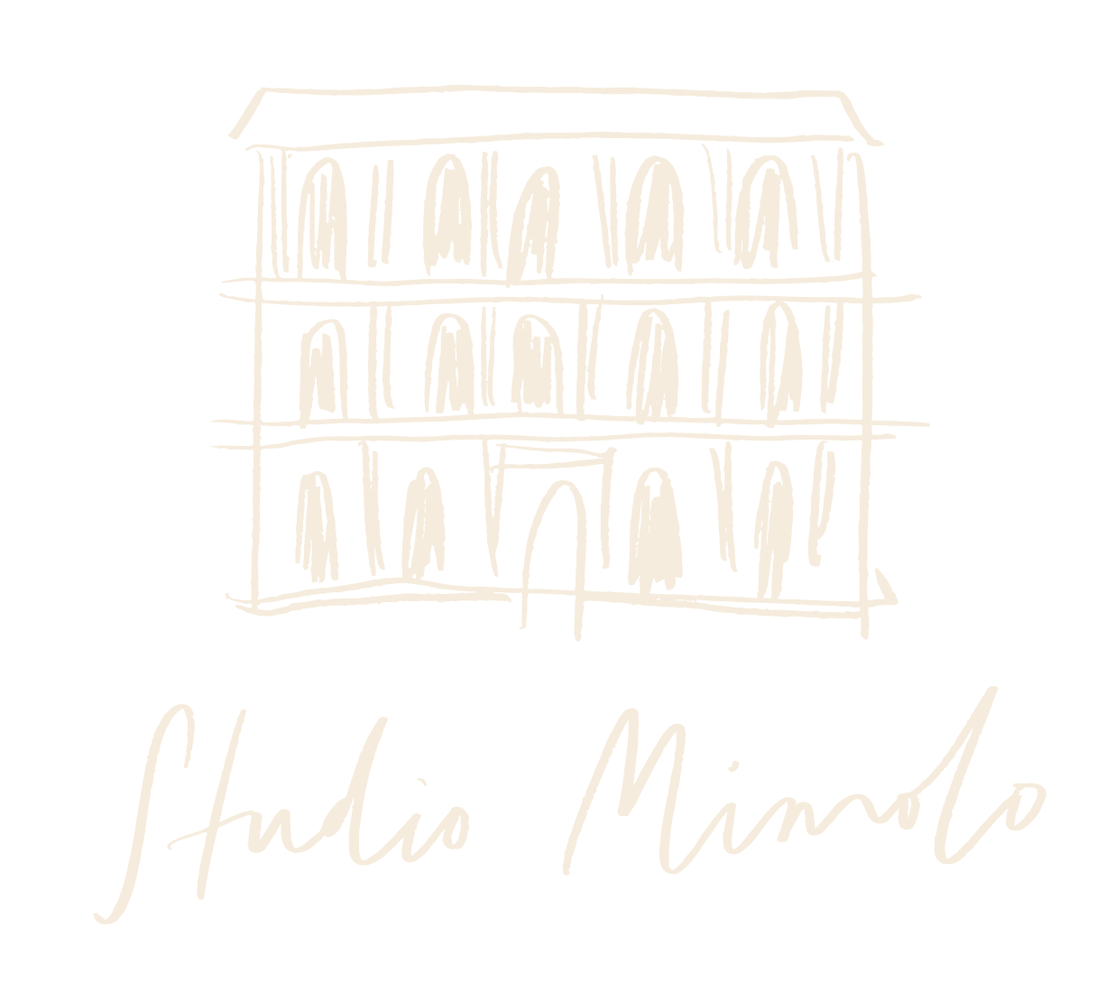 A line drawing of an apartment building with three floors and an arched entryway, with the words 'Studio Minneapolis' written below.