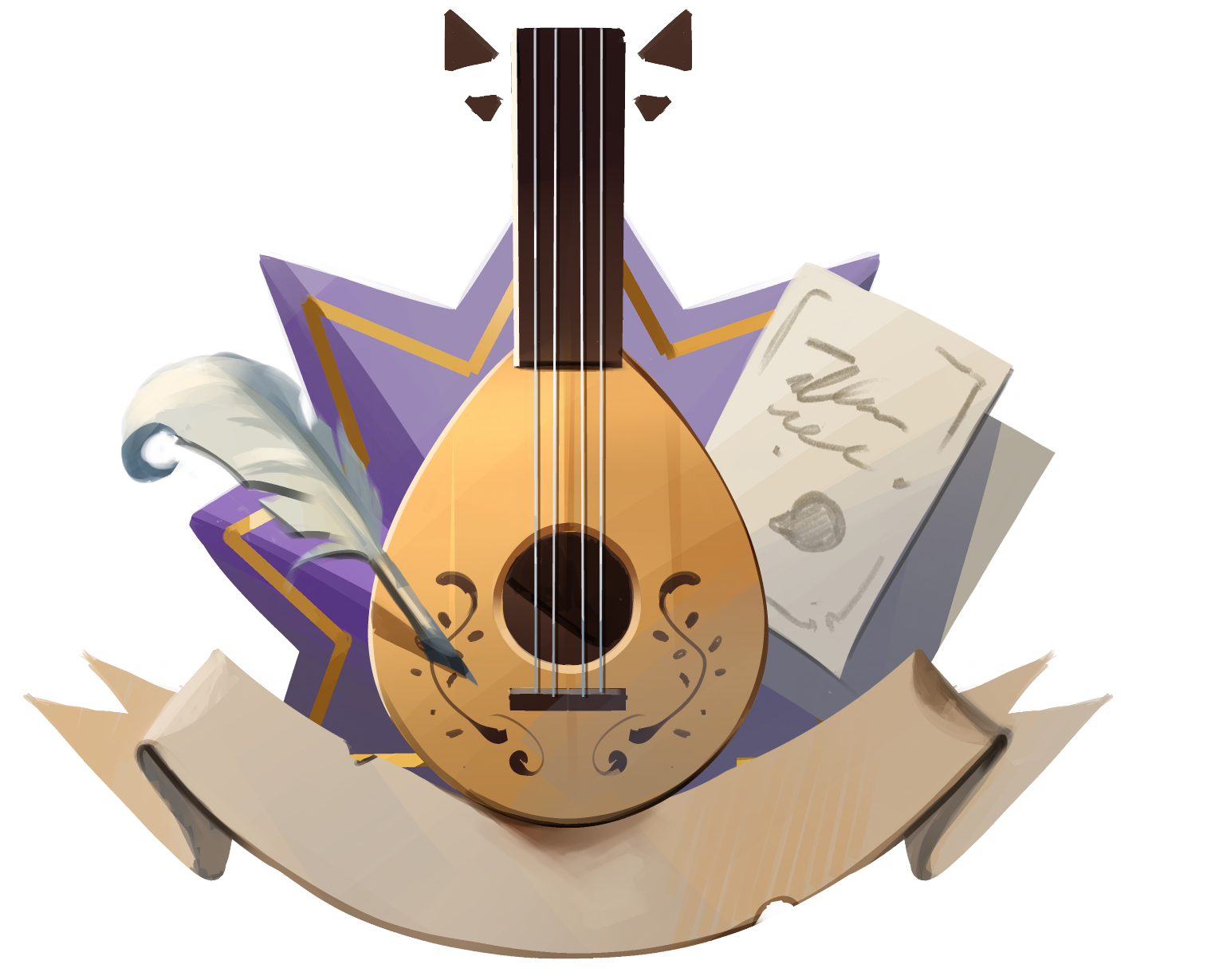 A graphic illustration of a musical instrument resembling a guitar, surrounded by a quill, sheet music, and a scroll, with a decorative purple and gold backdrop.