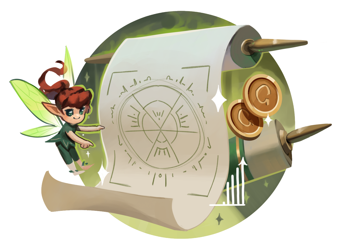 A cartoon fairy with red hair, green wings, and pointy ears pointing at a large piece of paper with magical symbols. The paper is attached to a metallic device with gold coins and pointed spikes, with glowing sparkles around it.
