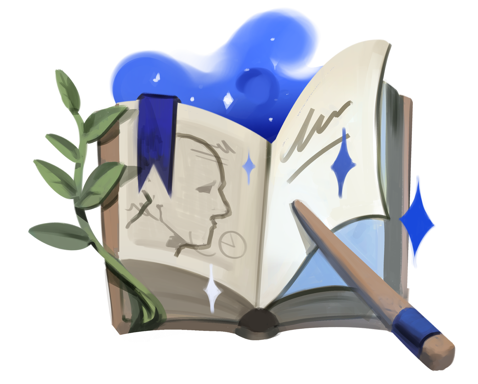 An open book with a sketch of a woman's face on one page, a blue bookmark, and blue star symbols. A green leafy branch is on the left side, and a wooden brush or stylus with a blue tip lies across the bottom.
