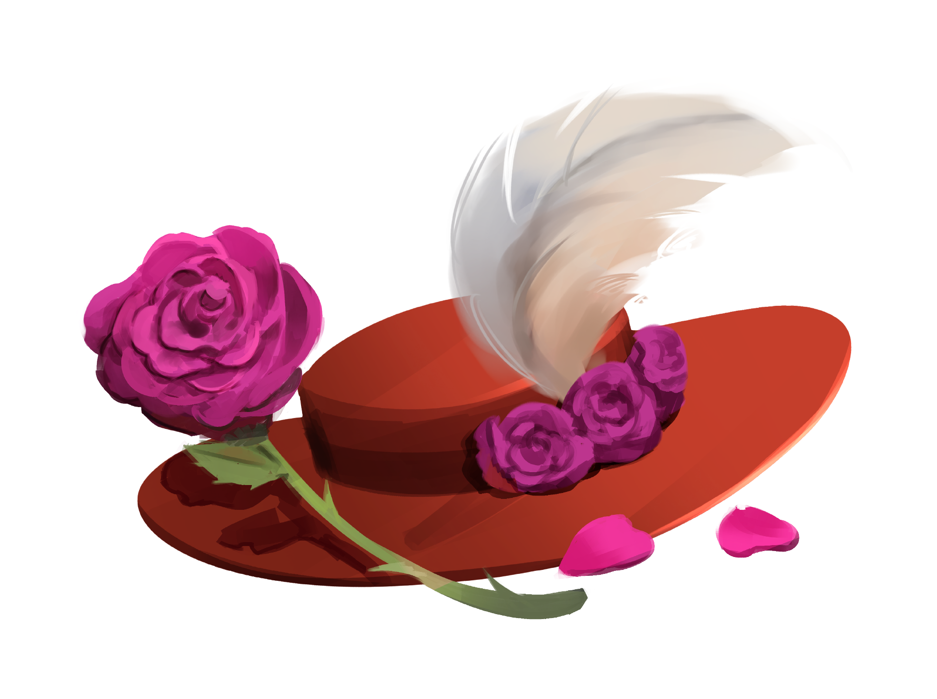 A brown cowboy hat decorated with purple roses and a white feather, with pink rose petals scattered nearby.