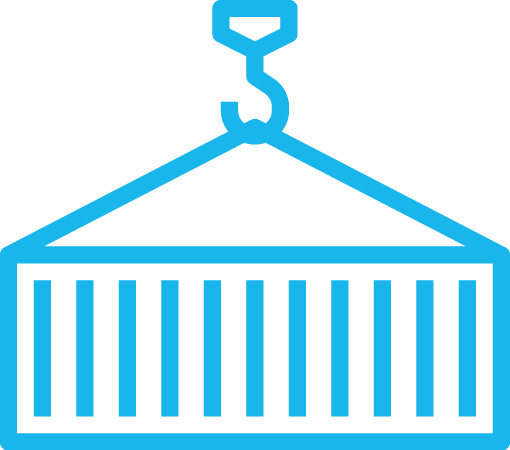 Illustration of a shipping container being hoisted by a crane hook, shown in blue outline.