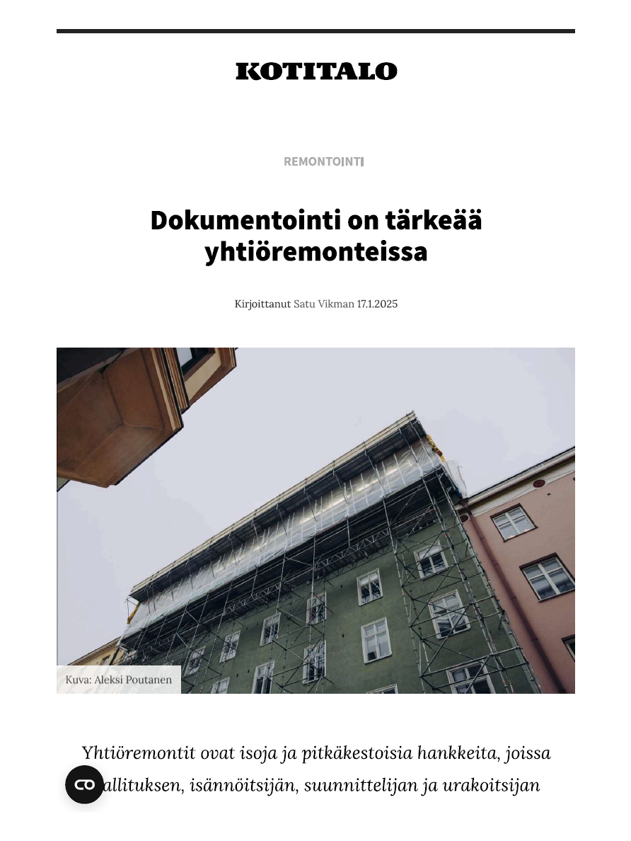 Kotitalo-lehti: Dokumentointi on tärkeää yhtiöremonteissa
