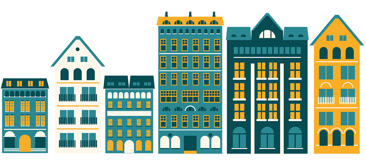 Graafinen kuvitus värikkäistä kerrostaloista vierekkäin.