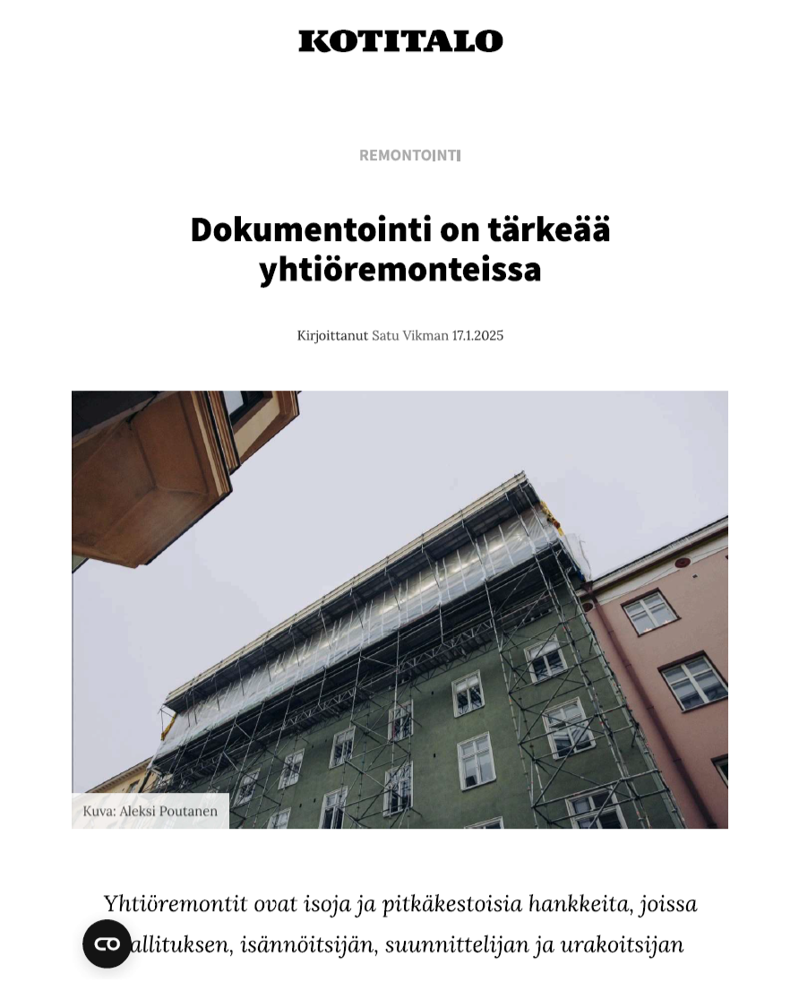 Kotitalo-lehti: Dokumentointi on tärkeää yhtiöremonteissa