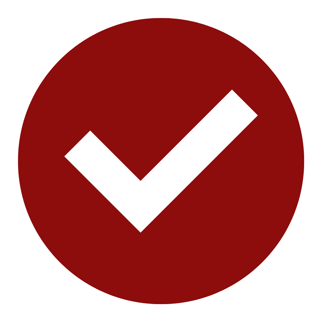 Red circular button with a white checkmark in the center.