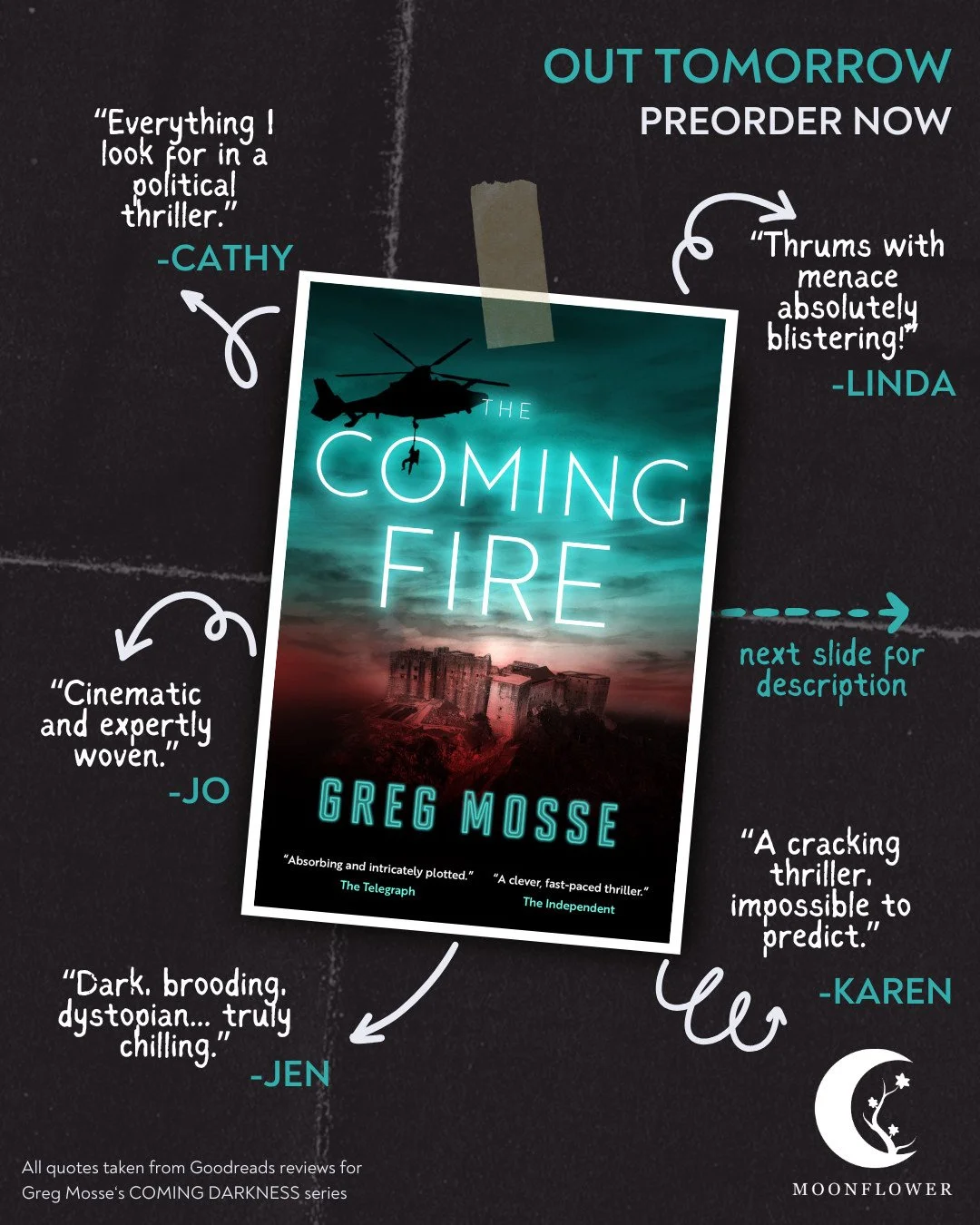 Out TOMORROW, the blistering new thriller from cli-fi pioneer @gregmosse. Pre-order now (or get the eBook a day early, shh!) from the link in our bio, or copy and paste: https://www.amazon.co.uk/Coming-Fire-Greg-Mosse-ebook/dp/B0FG34WN2T/ref=tmm_kin_