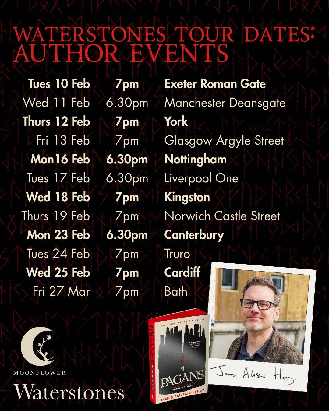 From tomorrow, @james521henry will be off on tour, coming to a @waterstones near you! By popular demand (always wanted to say that...) we've added some extra dates, so swipe through to see the full roster of events and signings. Do pop in to say hell