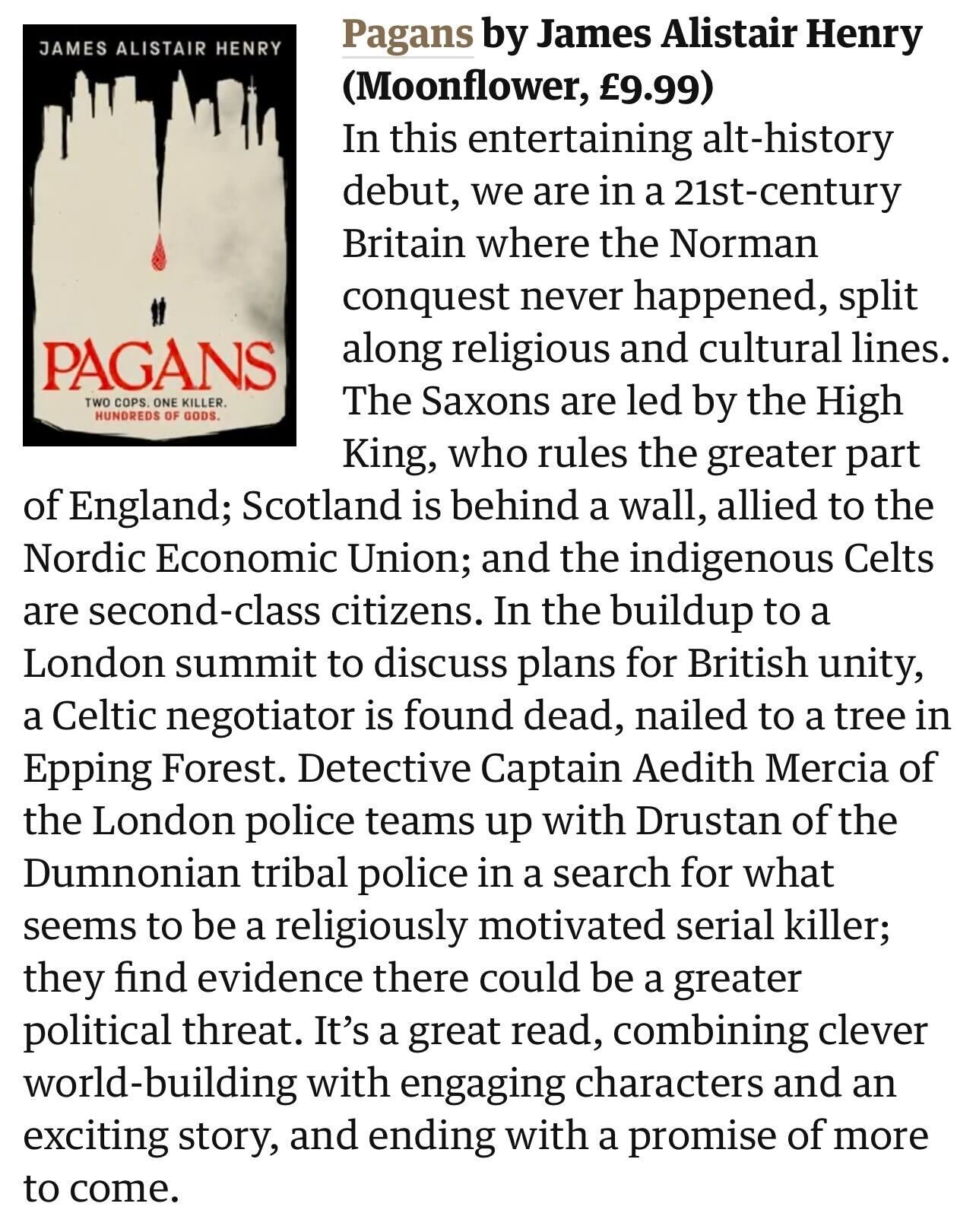 "A great read, combining clever world-building with engaging characters and an exciting story." What a lovely review of PAGANS in @guardian today, huzzah. https://www.waterstones.com/book/pagans/james-alistair-henry/2928377365622