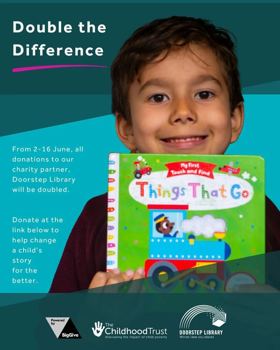 We are so proud to support the amazing children's literacy charity @doorsteplibrary. This June, they're taking part in the Childhood Trust's annual Champions for Children Big Give campaign. Every donation made from 2-16 June will be doubled up to &po