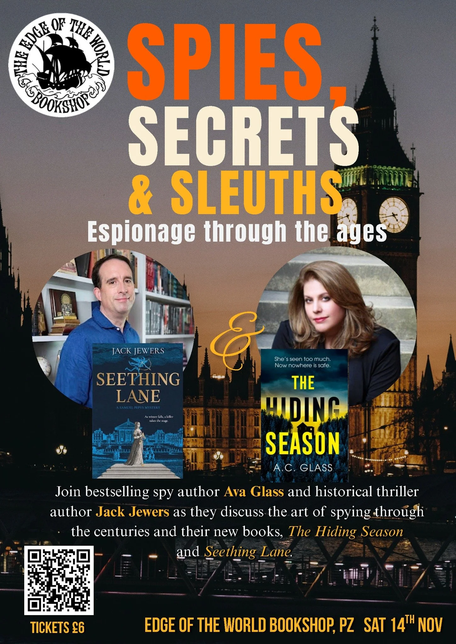Seething Lane author @jackjewers is off to @edgeoftheworldbookshop to talk spying through the ages with thriller author extraordinaire, @avaglassbooks. Tickets available now: https://www.eventbrite.co.uk/e/spies-secrets-and-sleuths-an-evening-with-av