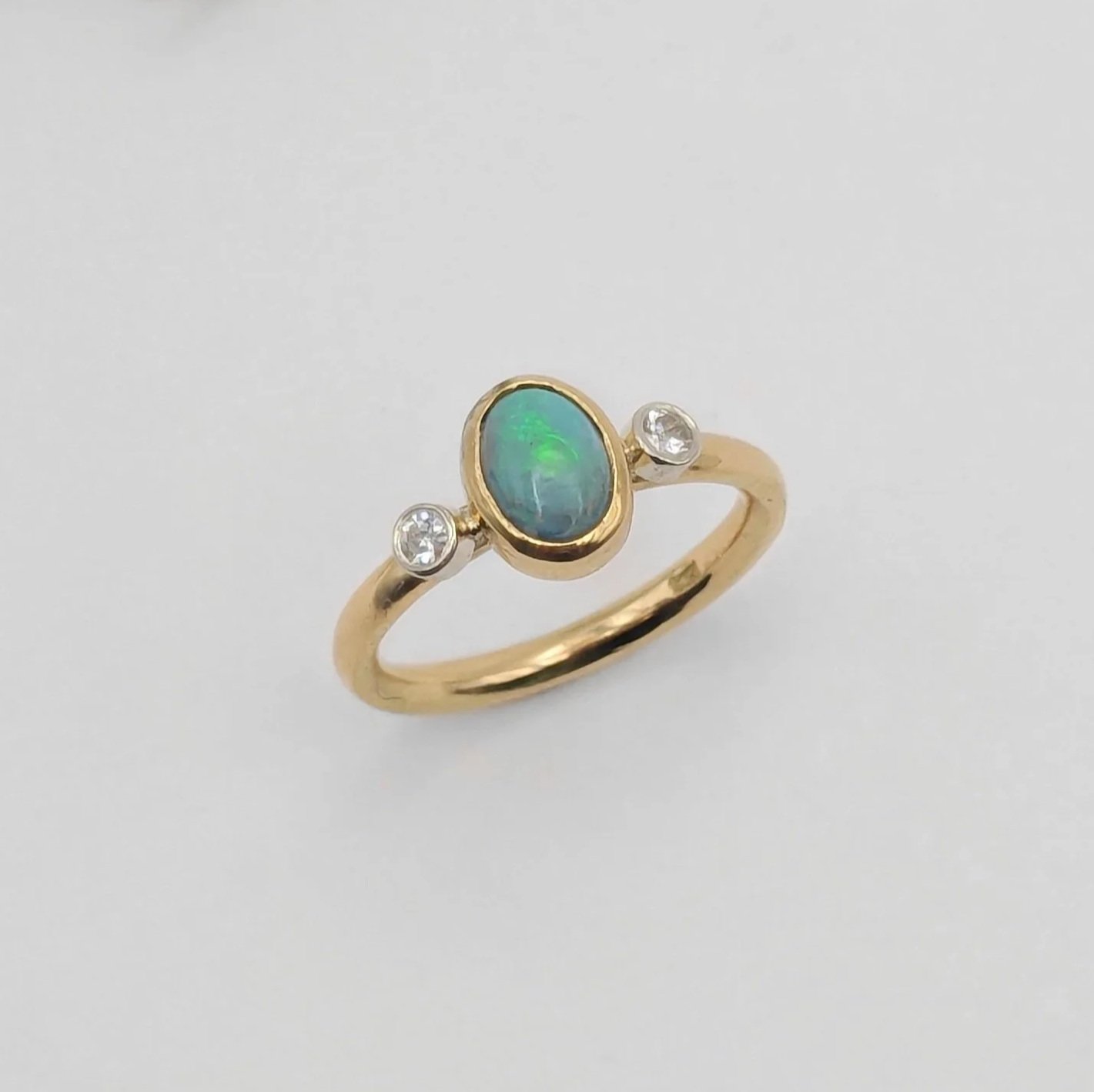 Ethiopian Opal set in 18ct Yellow Gold w/ 2 Repurposed Diamonds set in 9ct White Gold on a Remodelled 18ct Yellow Gold Band
